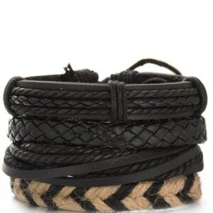 Men's Brown Genuine Leather Rope Bracelet Set.
